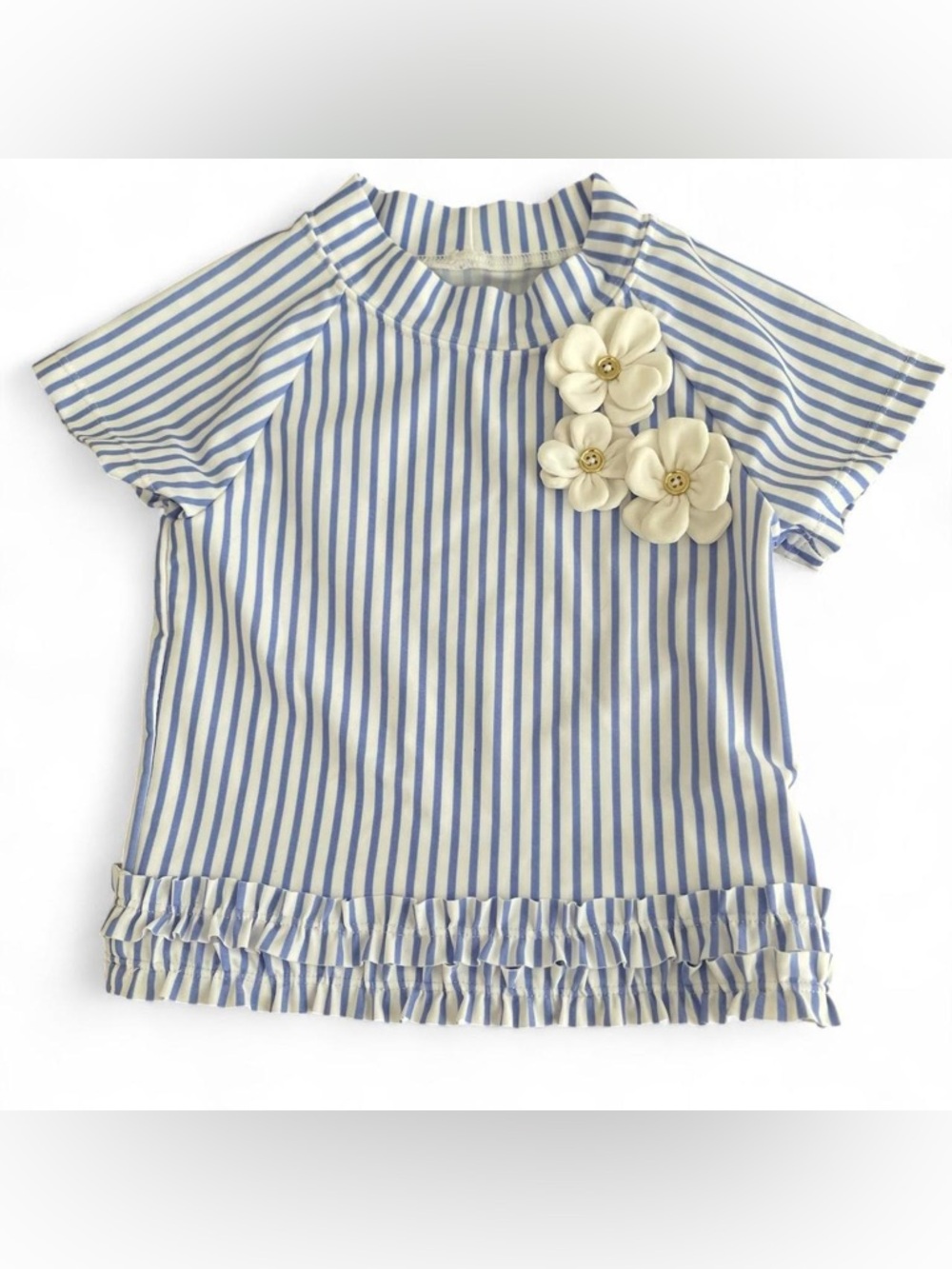 Janie and Jack Blue & White Striped Rashguard with Cream Floral Appliqués